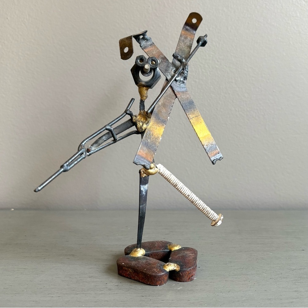 VTG Skiing Injured Skier Crutches - Handmade Scrap Junk Metal Art Sculpture 8"